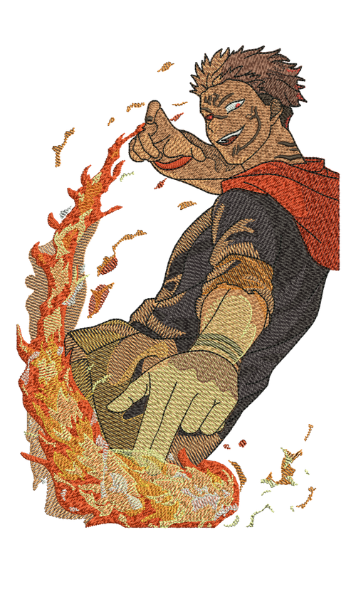 Embroidered design of a character with flames, likely from a superhero or fantasy theme, on a white background.