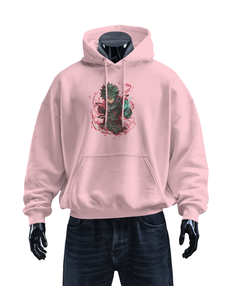Pink hoodie with a graphic design on a white background